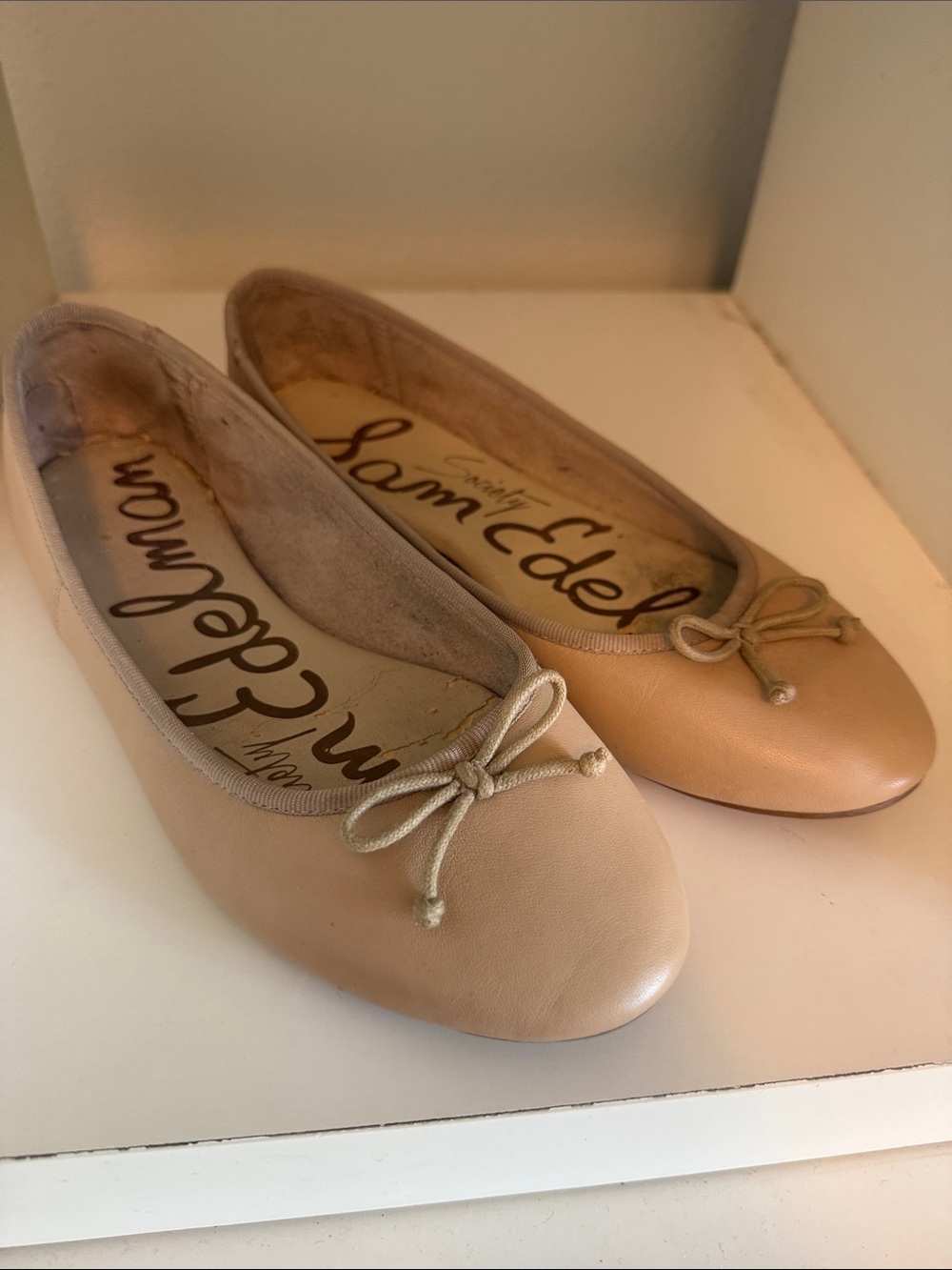 Sam Edelman Nude Leather Ballet Flats with Bow Accent